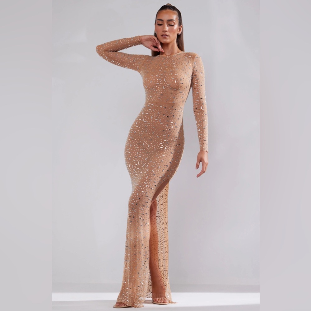 PORTIA
Sheer Embellished Long Sleeve Evening Gown in Almond